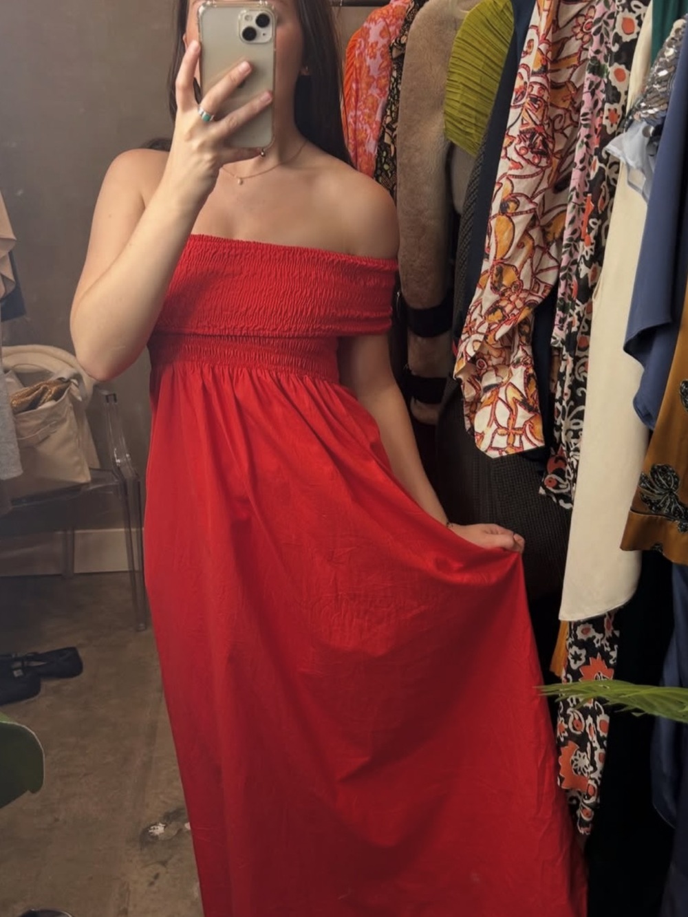 Strapless Red Maxi Dress with Smocked Bodice